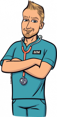 Cartoon picture of a nurse in medical scrubs.